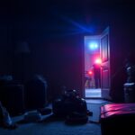 Flick International Dimly lit interior of a recent burglary scene showing overturned furniture and a police presence