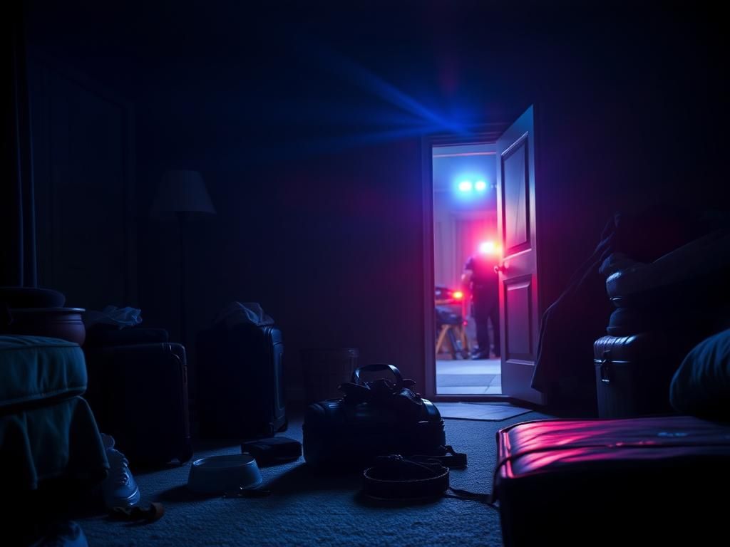 Flick International Dimly lit interior of a recent burglary scene showing overturned furniture and a police presence