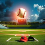 Flick International A dynamic scene of a baseball home run with a glowing ball soaring against a blue sky