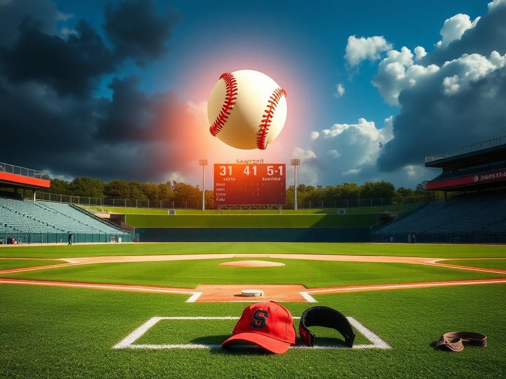 Flick International A dynamic scene of a baseball home run with a glowing ball soaring against a blue sky