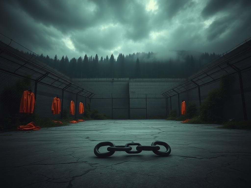 Flick International Abandoned prison yard with overgrown fences and barbed wire symbolizing escape