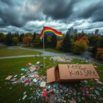 Flick International Aerial view of Cal Anderson Park showing chaotic aftermath of protests with debris and a rainbow flag.