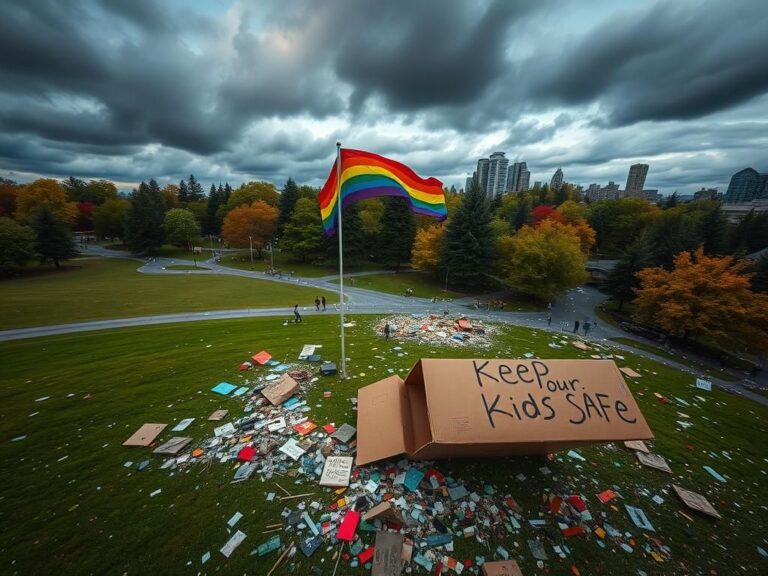 Flick International Aerial view of Cal Anderson Park showing chaotic aftermath of protests with debris and a rainbow flag.