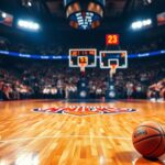 Flick International Dramatic basketball scene showcasing the New York Knicks logo on a vibrant hardwood court with cheering crowds in the background