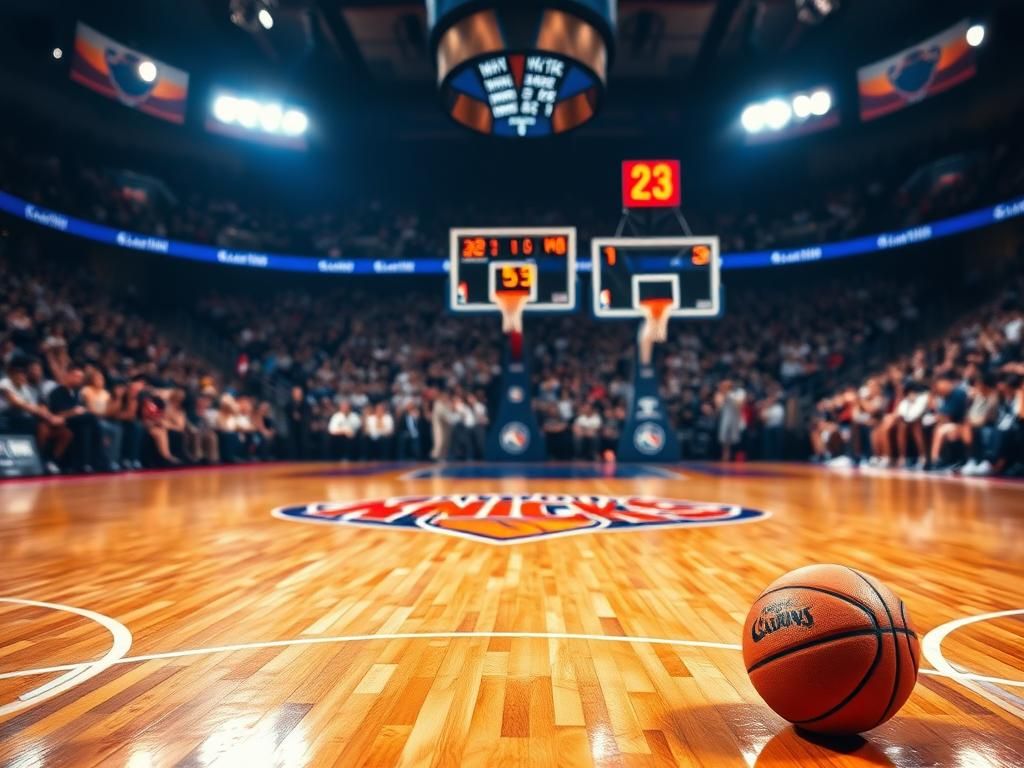 Flick International Dramatic basketball scene showcasing the New York Knicks logo on a vibrant hardwood court with cheering crowds in the background