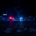 Flick International Nighttime scene of a suburban street in Little River, South Carolina, illuminated by police lights after a mass shooting