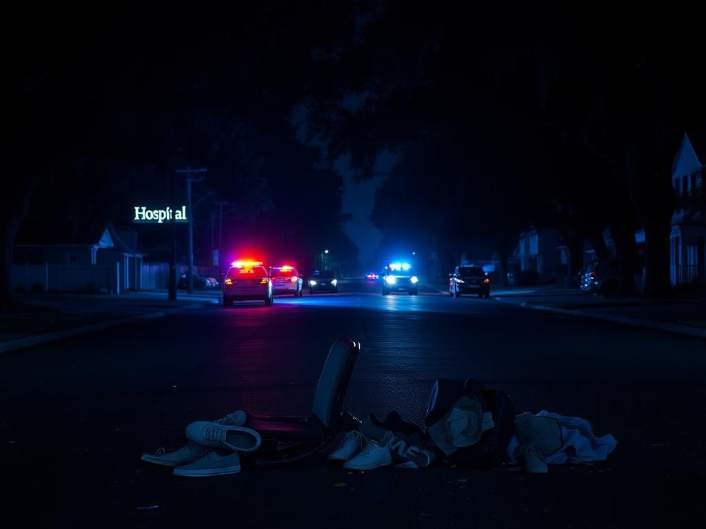 Flick International Nighttime scene of a suburban street in Little River, South Carolina, illuminated by police lights after a mass shooting