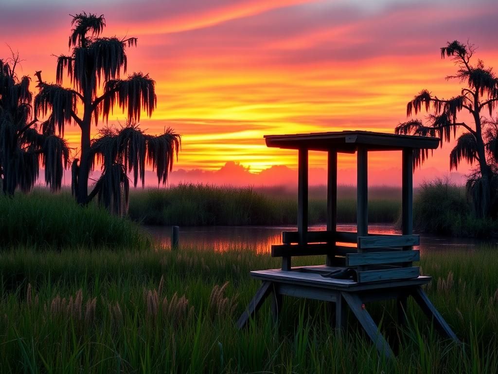 Flick International A serene landscape in the Louisiana wetlands at sunset featuring a wooden duck blind and cypress trees