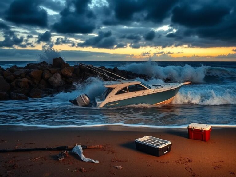 Flick International Damaged sport fishing boat aground near Meschutt Beach jetty after violent crash