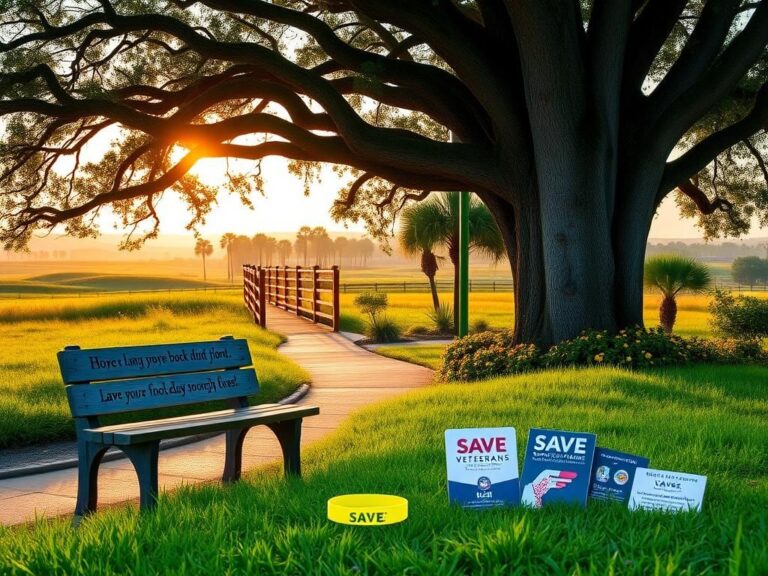 Flick International Serene Florida landscape at sunrise, featuring a community park with a walking path and a weathered bench inscribed with messages of hope.