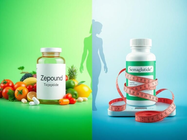 Flick International A striking visual comparison of Zepbound and Wegovy weight loss medications, featuring vibrant fruits and vegetables alongside measuring tapes and scales.