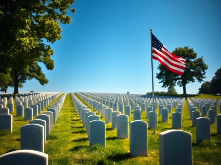 Flick International A serene view of Arlington National Cemetery with white headstones and an American flag