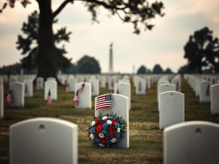 Flick International Serene American cemetery on Memorial Day with white gravestones and American flags