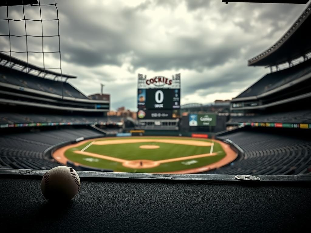 Flick International Dimly lit view of Coors Field with empty luxury suites and a baseball on the ground