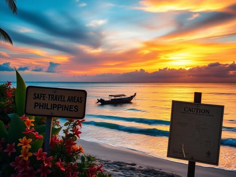 Flick International A dramatic sunset over a peaceful beach in the Philippines with tropical foliage