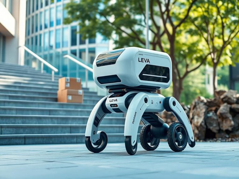 Flick International Autonomous delivery robot LEVA navigating urban terrain with cargo boxes