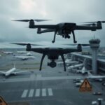 Flick International Aerial view of a busy airport with a drone silhouette hovering near an airplane