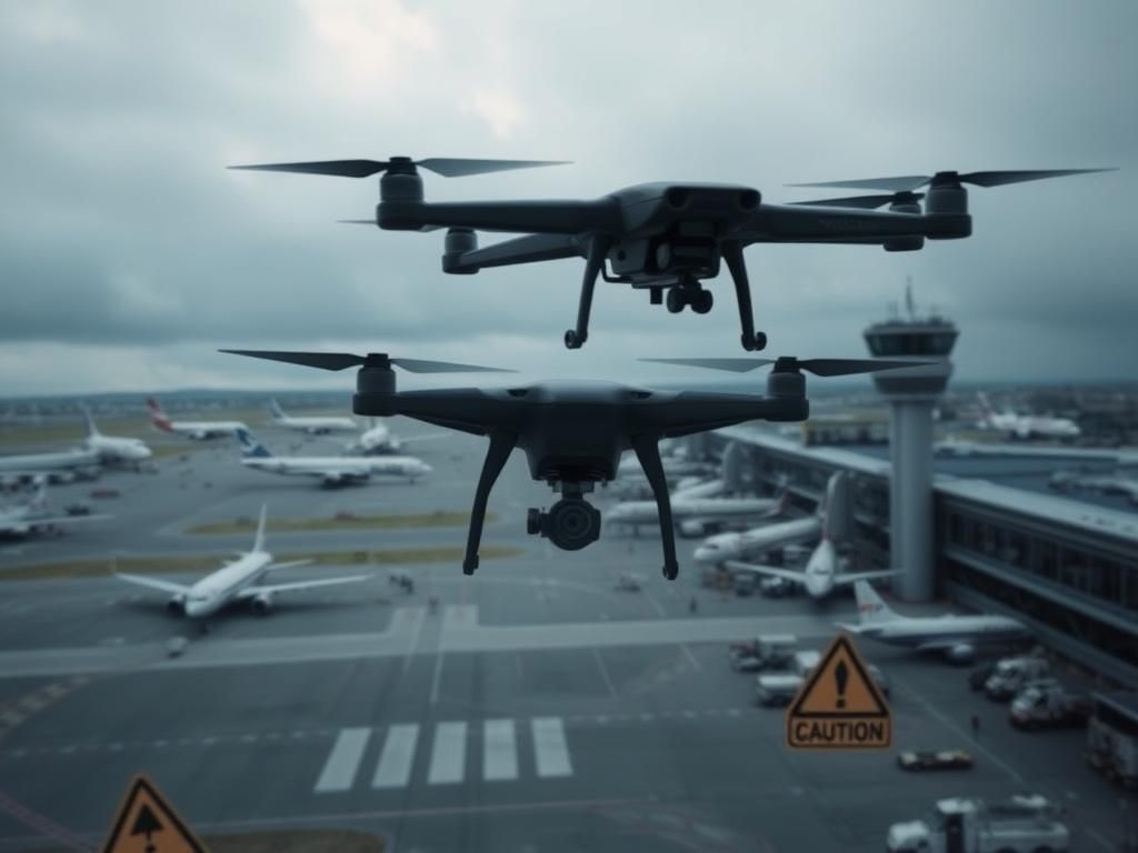 Flick International Aerial view of a busy airport with a drone silhouette hovering near an airplane