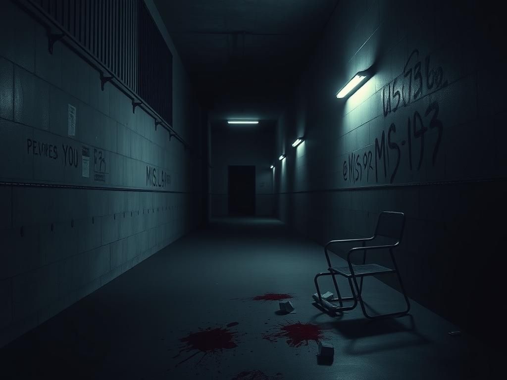 Flick International Dimly lit prison corridor with high concrete walls and heavy metal bars