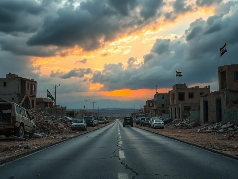 Flick International War-torn landscape of Syria with crumbling buildings and abandoned military vehicles