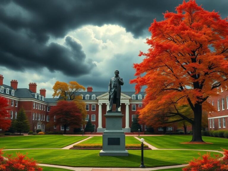 Flick International Detailed view of Harvard University's iconic campus featuring Harvard Yard, traditional brick buildings, and a statue representing education.