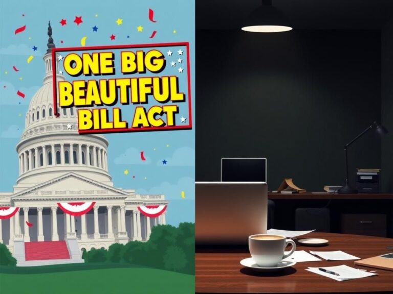 Flick International A split image depicting the vibrant U.S. Capitol with a colorful billboard promoting the One Big Beautiful Bill Act on one side and a somber office space on the other, illustrating political endorsement and inaction.
