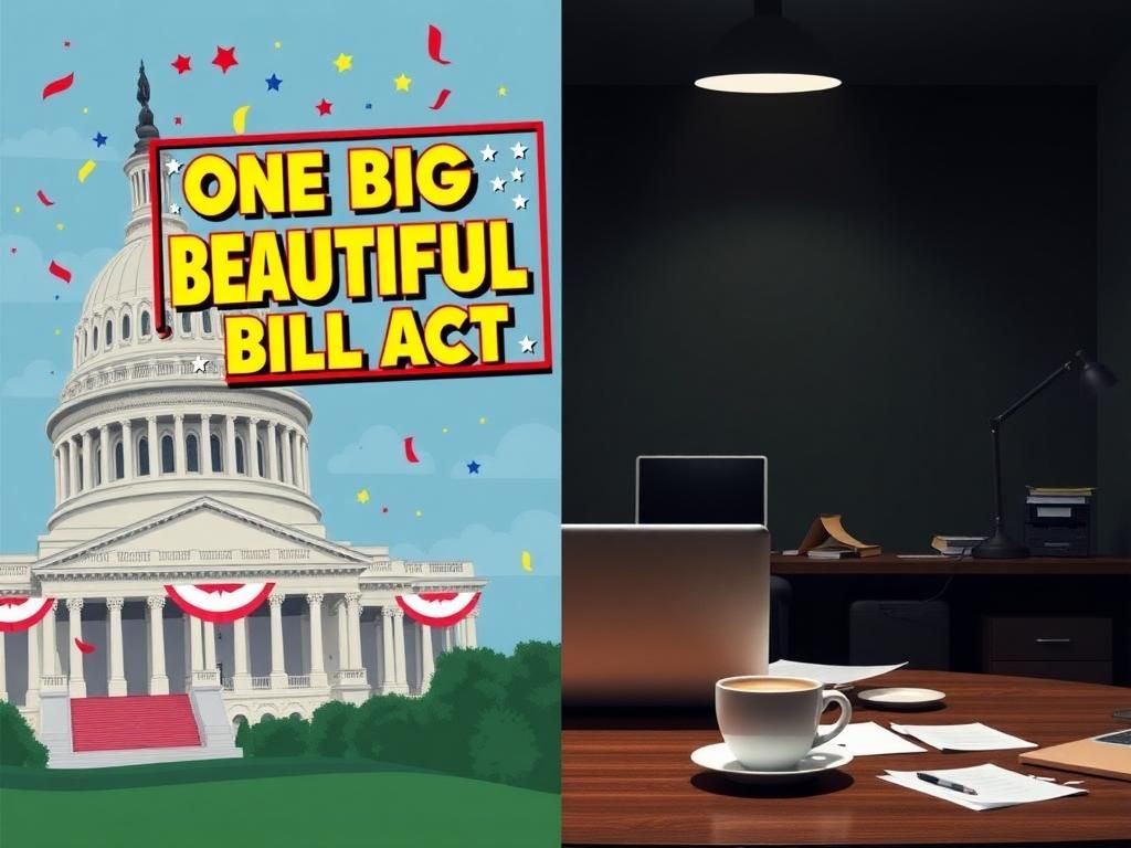 Flick International A split image depicting the vibrant U.S. Capitol with a colorful billboard promoting the One Big Beautiful Bill Act on one side and a somber office space on the other, illustrating political endorsement and inaction.