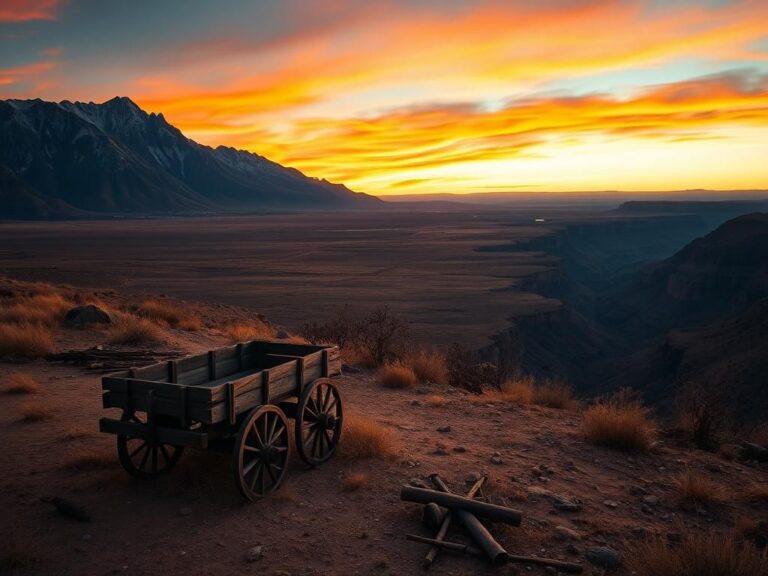 Flick International A sweeping view of the rugged American West at sunset with a weathered wagon and majestic mountains.