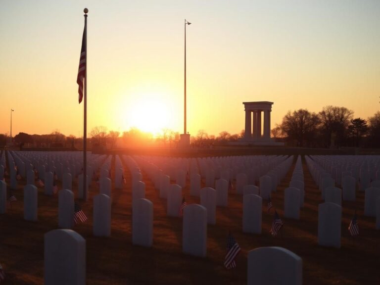 Flick International A serene cemetery dedicated to veterans with white gravestones at sunset