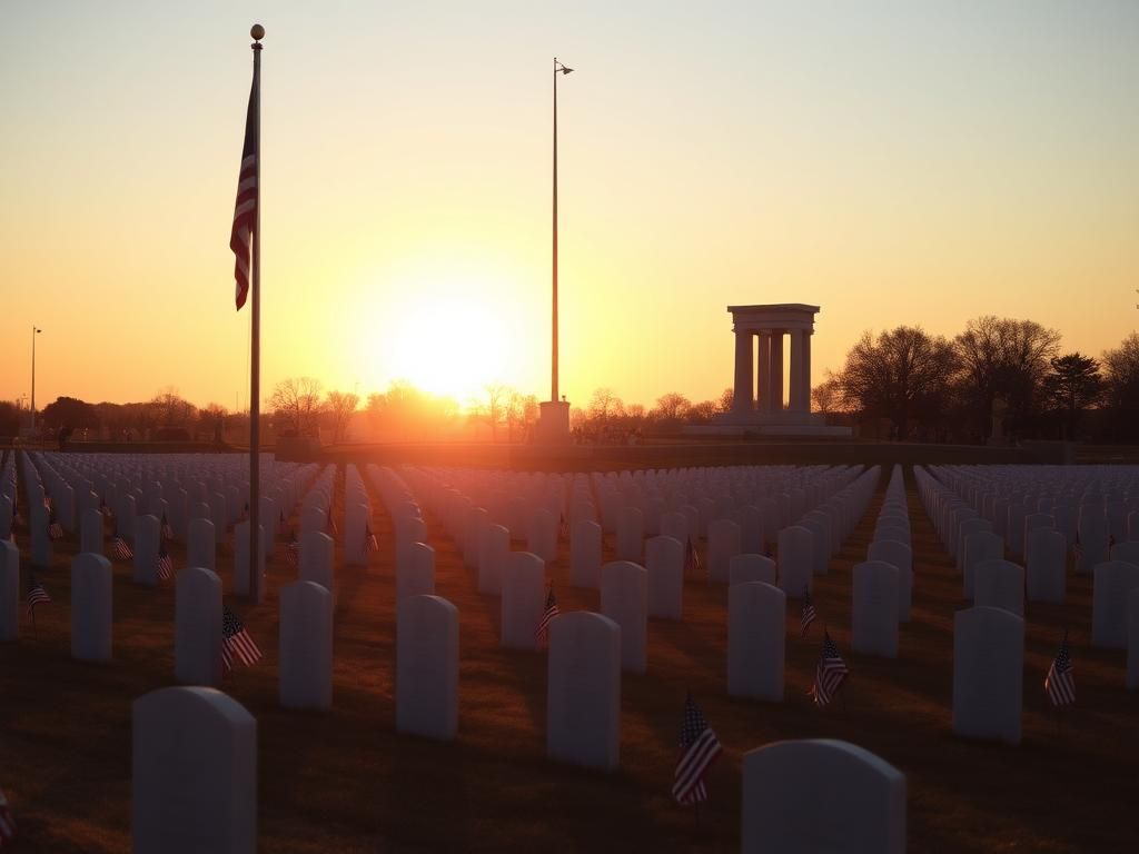 Flick International A serene cemetery dedicated to veterans with white gravestones at sunset