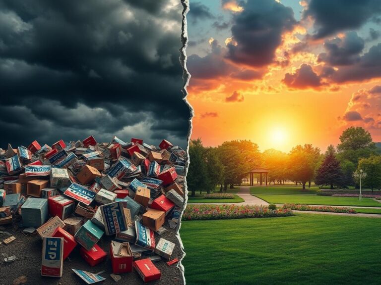 Flick International A symbolic representation of political division with a dark stormy sky and contrasting bright sunrise over a split landscape.