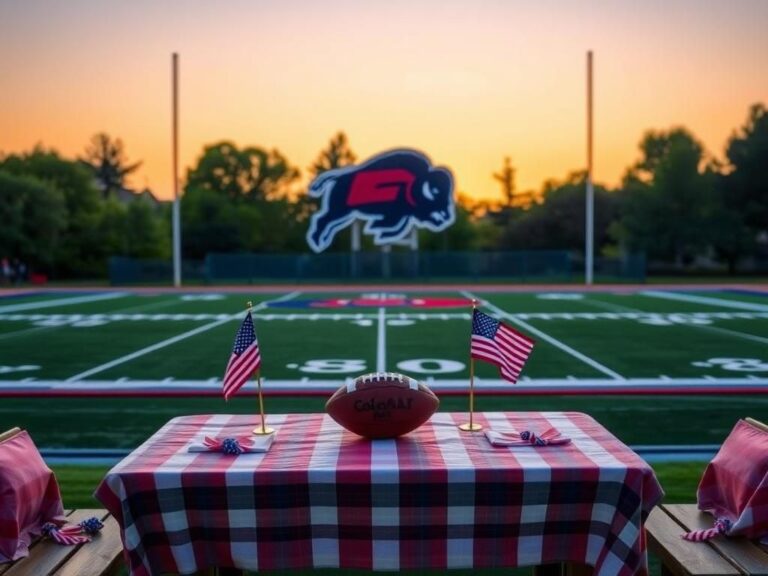 Flick International Serene outdoor scene of a football field at sunset with Colorado Buffaloes logo and festive Memorial Day picnic setup