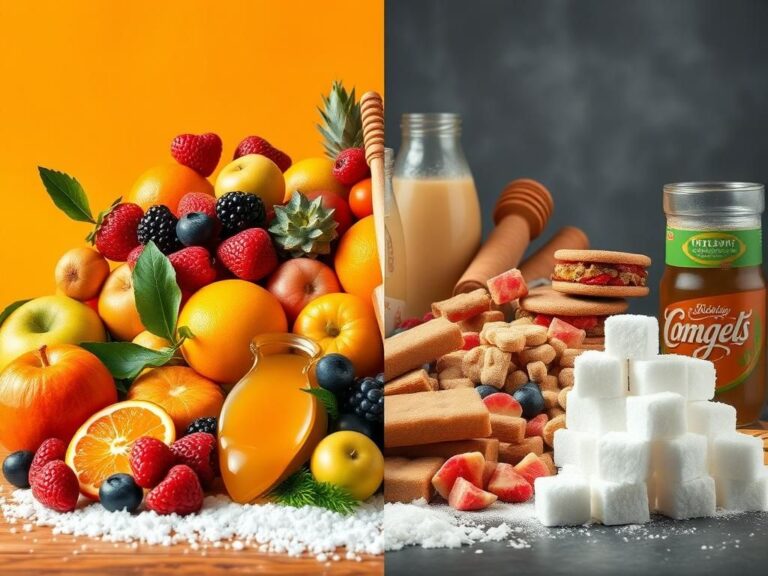 Flick International A split scene contrasting fresh fruits and healthy sweeteners with processed foods high in added sugars