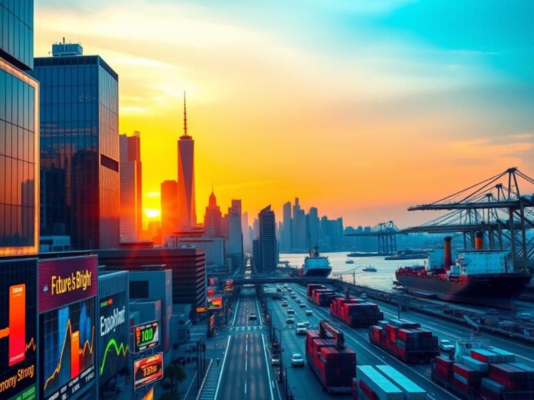 Flick International Dynamic city skyline at sunset with financial district skyscrapers