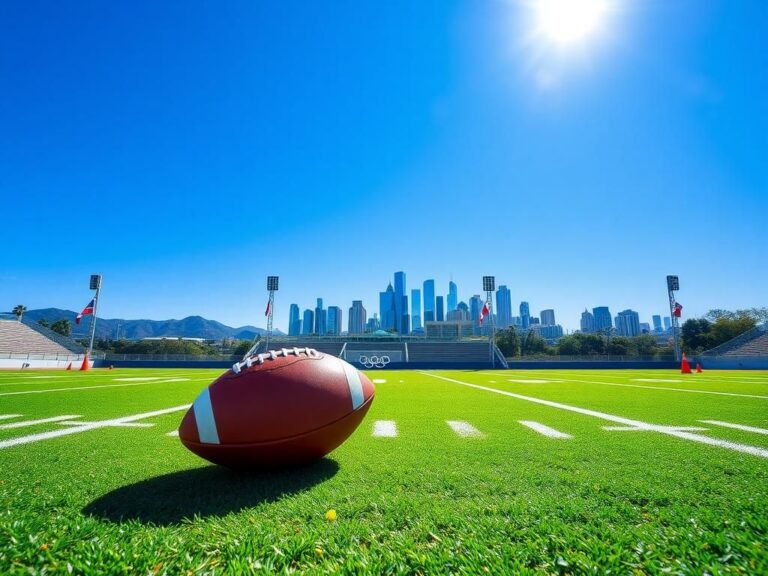 Flick International A vibrant flag football field with the Los Angeles skyline in the background