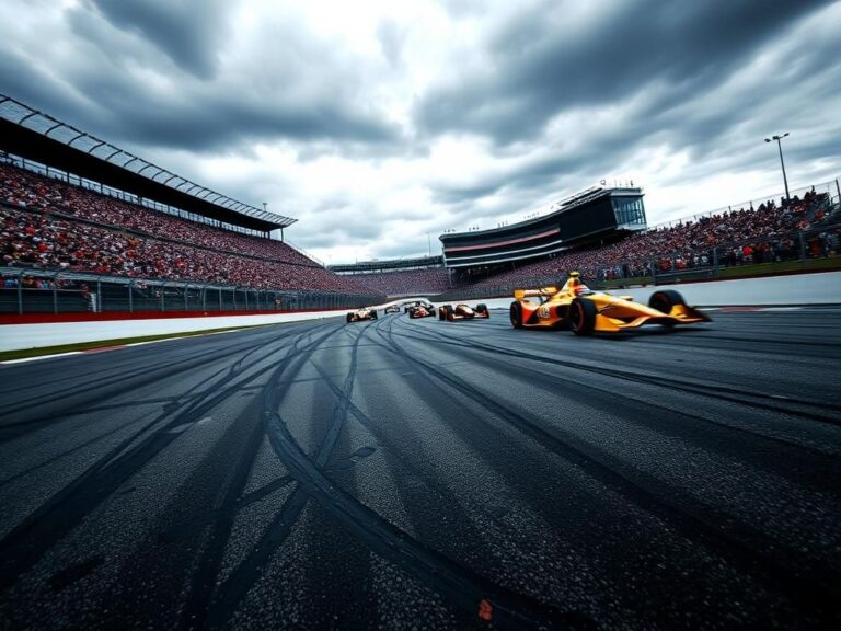 Flick International A dynamic view of the Indianapolis Motor Speedway showcasing colorful IndyCar race cars in motion