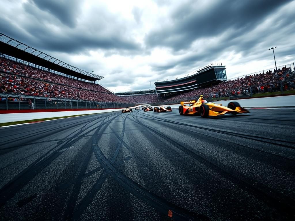 Flick International A dynamic view of the Indianapolis Motor Speedway showcasing colorful IndyCar race cars in motion