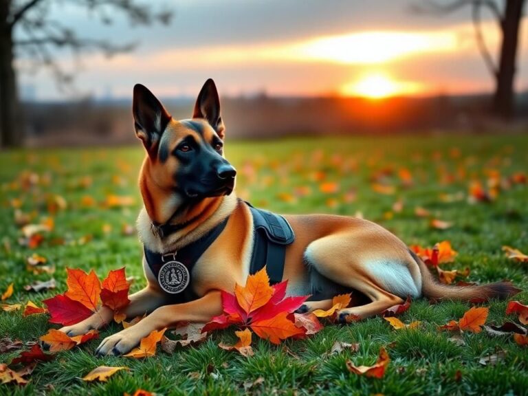Flick International Peaceful Belgian Malinois service dog next to a heroism medallion in autumn setting