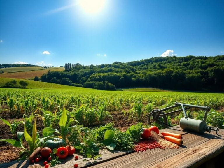 Flick International Vibrant agricultural landscape showcasing healthy crops and overgrown weeds under blue sky