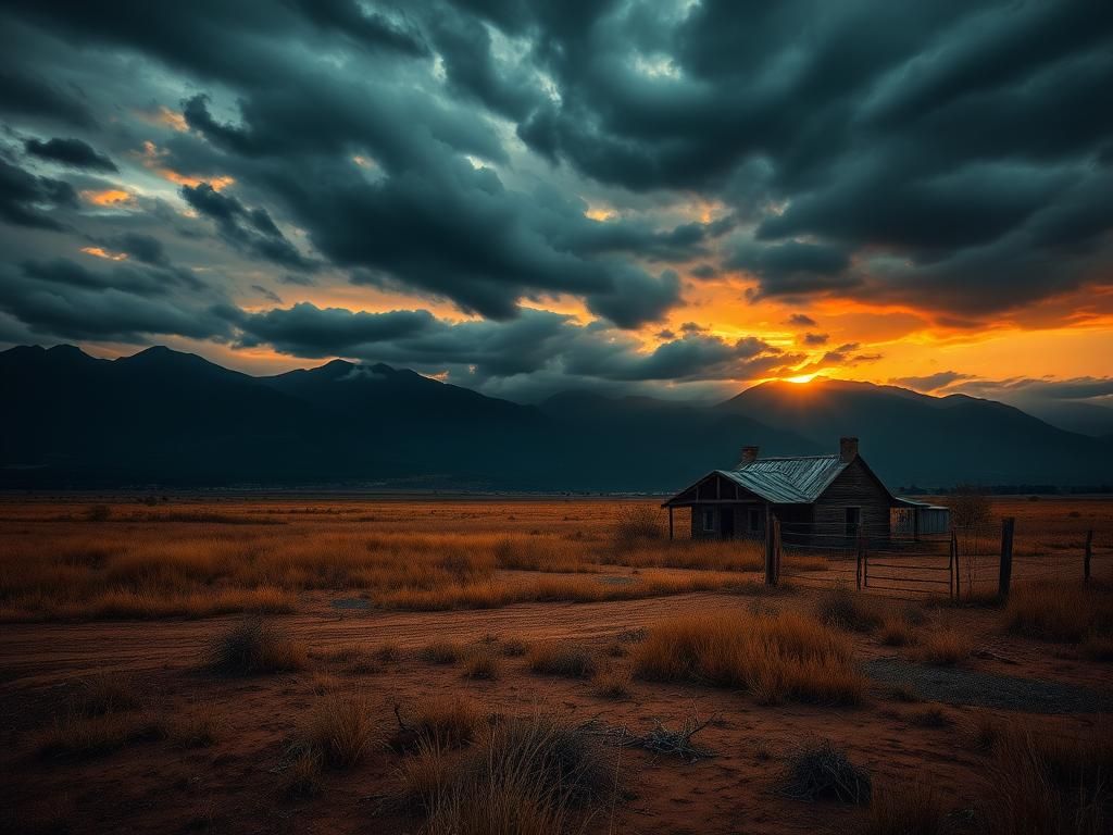 Flick International Abandoned farmhouse in a South African landscape at sunset, symbolizing neglect and insecurity