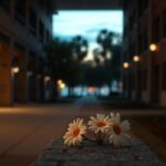 Flick International A serene university dorm breezeway scene at dusk with daisies