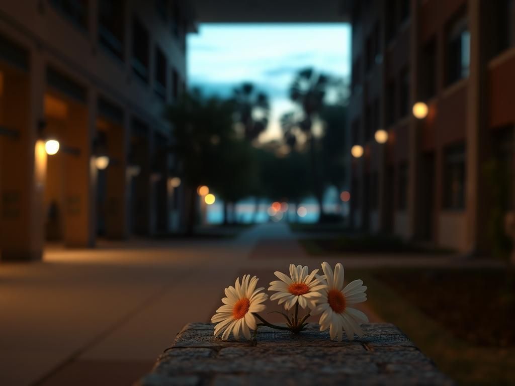 Flick International A serene university dorm breezeway scene at dusk with daisies