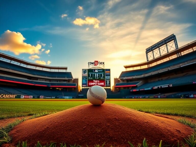 Flick International Panoramic view of Comerica Park during sunset, highlighting the pitcher's mound and a baseball