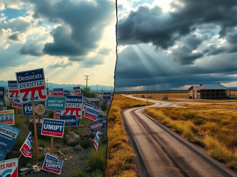 Flick International A split landscape contrasting urban vibrancy with rural desolation, symbolizing the Democratic Party's struggles.