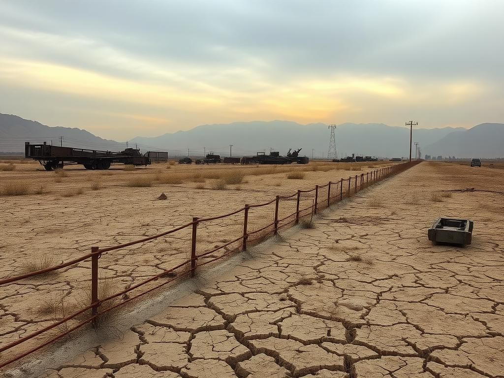 Flick International Desolate landscape of K2 Air Base in Uzbekistan with cracked soil and metal debris