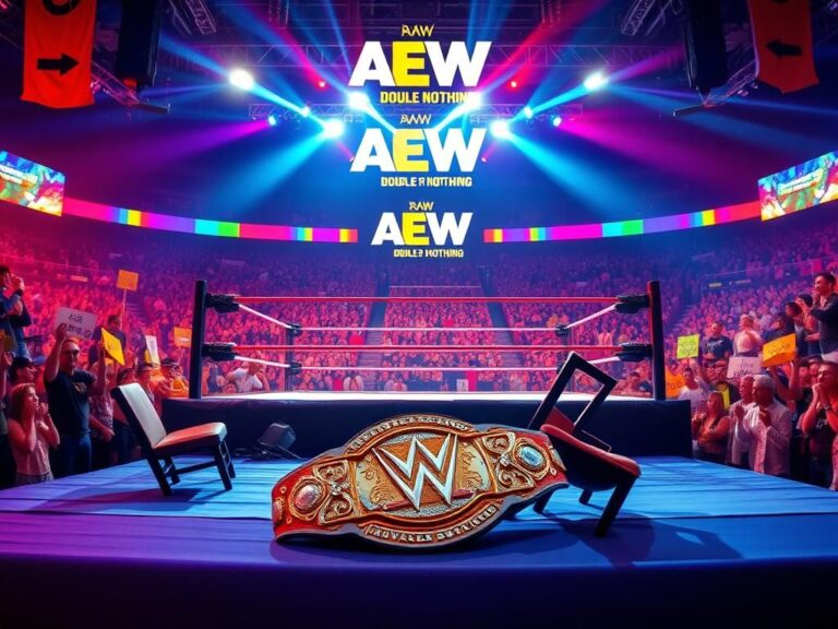 Flick International A dynamic wrestling ring at the AEW Double or Nothing event, surrounded by cheering fans and vibrant lights.