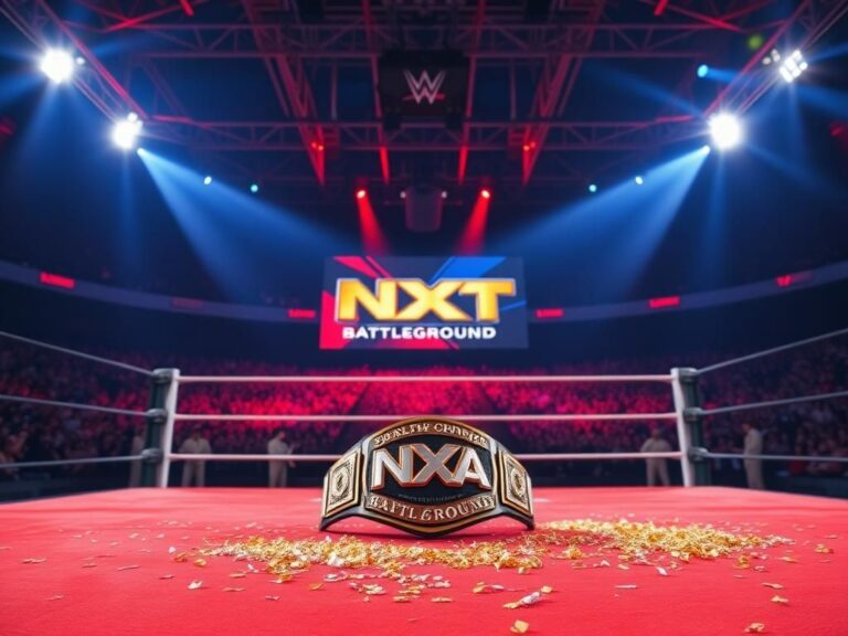 Flick International Empty wrestling ring illuminated under bright lights with TNA World Championship belt at center