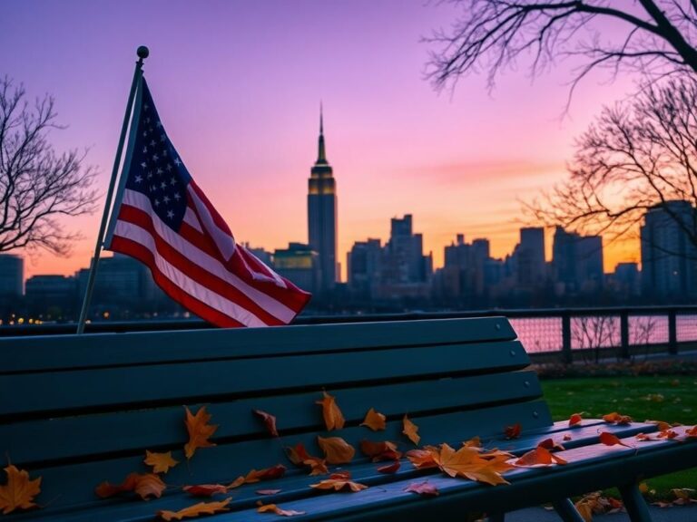 Flick International Serene New York City skyline at dusk with the Empire State Building and an American flag