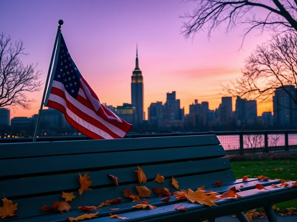 Flick International Serene New York City skyline at dusk with the Empire State Building and an American flag