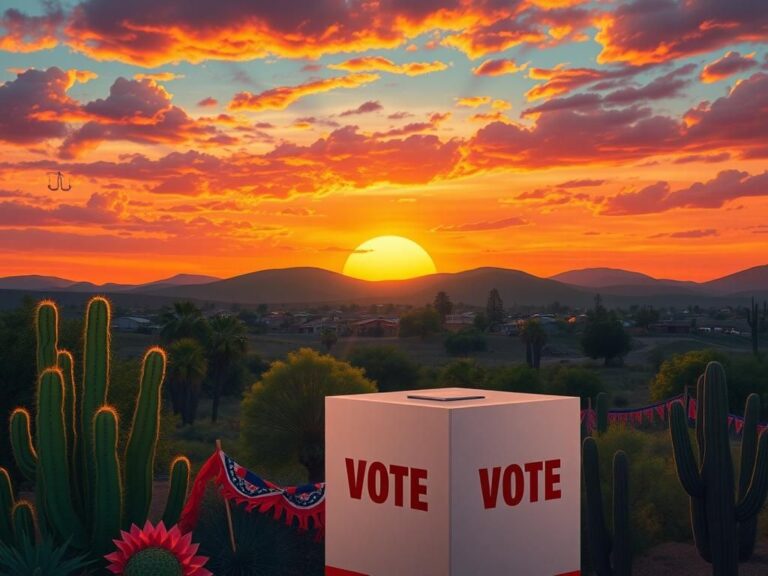 Flick International A vibrant political landscape featuring a ballot box surrounded by Latino cultural elements